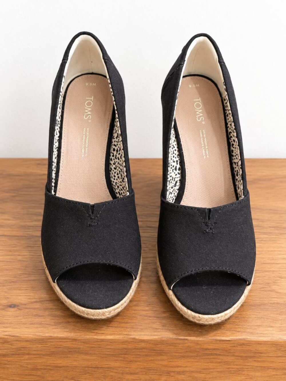 TOMS Michelle Black Canvas Peep-Toe Espadrille Wedges Size 7.5